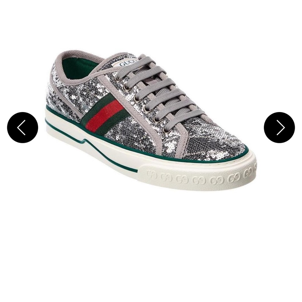 LNWT Authentic Gucci 15mm Tennis 1977 Silver Sequin Sneakers 37.5